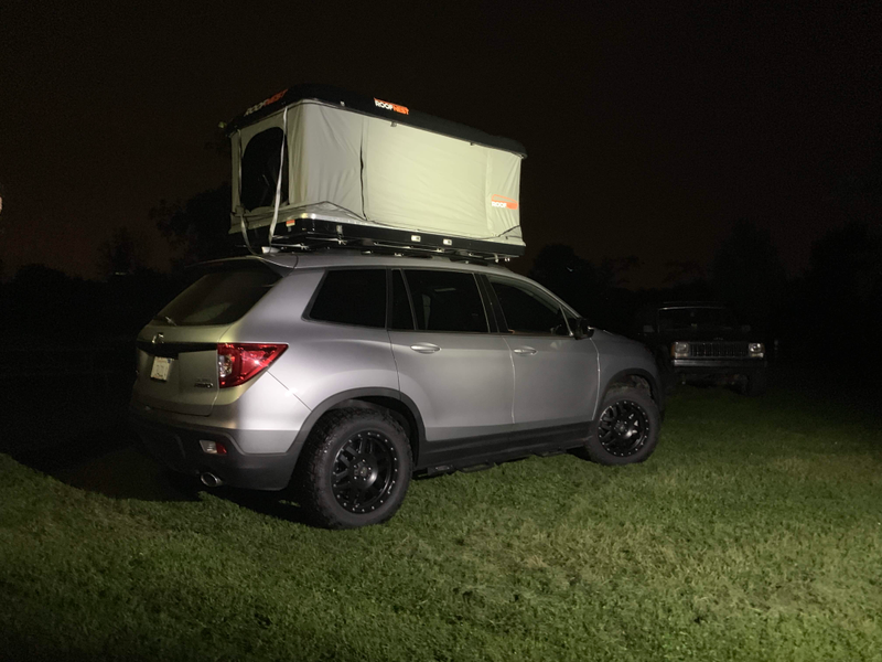 By the time we showed up, we needed flashlights to set up and photograph the tent. David’s Jeep lurks in the background.